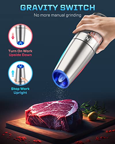 Gravity Electric Salt and Pepper Grinder Set, Automatic Pepper and Salt Mill Grinder,Battery-Operated with Adjustable Coarseness, Premium Stainless Steel with LED Light, One Hand Operated