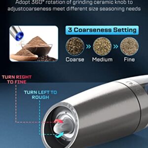 Gravity Electric Salt and Pepper Grinder Set, Automatic Pepper and Salt Mill Grinder,Battery-Operated with Adjustable Coarseness, Premium Stainless Steel with LED Light, One Hand Operated