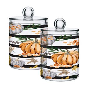 Kigai Pumpkin Stripe Qtip Holder Set of 4 - 14OZ Clear Plastic Apothecary Jars with Lids Bathroom Container Organizer Dispenser for Cotton Ball, Cotton Swab, Candy, Floss, Spices