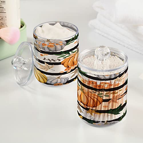 Kigai Pumpkin Stripe Qtip Holder Set of 4 - 14OZ Clear Plastic Apothecary Jars with Lids Bathroom Container Organizer Dispenser for Cotton Ball, Cotton Swab, Candy, Floss, Spices