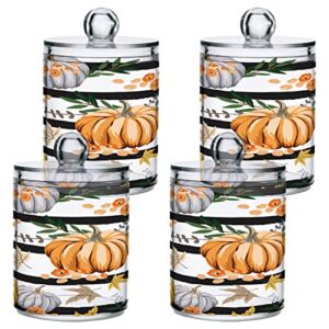 Kigai Pumpkin Stripe Qtip Holder Set of 4 - 14OZ Clear Plastic Apothecary Jars with Lids Bathroom Container Organizer Dispenser for Cotton Ball, Cotton Swab, Candy, Floss, Spices