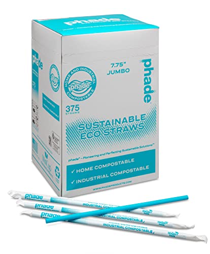 phade Eco-Friendly Sustainable Marine Biodegradable Compostable 7.75" Jumbo Straws, Individually Wrapped, 1 Pack - 375 Count