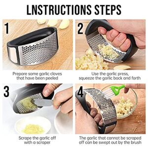 Garlic Press Rocker, Stainless Steel Garlic Mincer Crusher Professional Kitchen Gadgets Garlic Chopper with Ergonomic Handle, Silicone Garlic Peeler