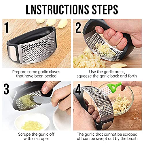 Garlic Press Rocker, Stainless Steel Garlic Mincer Crusher Professional Kitchen Gadgets Garlic Chopper with Ergonomic Handle, Silicone Garlic Peeler