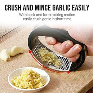 Garlic Press Rocker, Stainless Steel Garlic Mincer Crusher Professional Kitchen Gadgets Garlic Chopper with Ergonomic Handle, Silicone Garlic Peeler