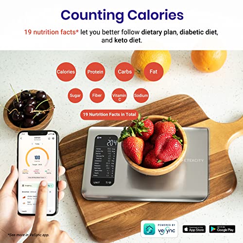 Etekcity Food Kitchen Scale, Digital Grams and Ounces for Weight Loss With Smart Nutrition App, 19 Facts Tracking, Baking, Cooking, Portion Control, Macro, Keto, 11 Pounds-Large, Stainless Steel