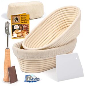 11 inch oval bread banneton proofing basket with liner cloth– set of 2 + premium bread lame and slashing scraper, the ideal baking bowl for sourdough and yeast bread dough by criss elite