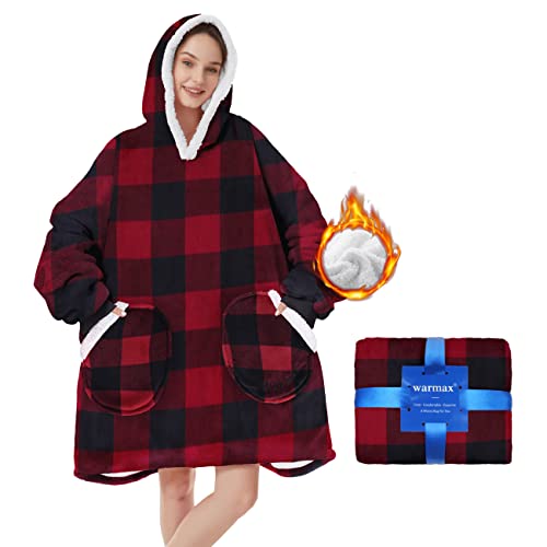 Durio Wearable Blanket Hoodie for Adults Sherpa Hooded Blanket Oversized Hoodie Blanket Sweatshirt Blanket with Pockets Red&Black One Size