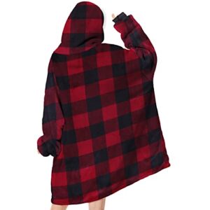 Durio Wearable Blanket Hoodie for Adults Sherpa Hooded Blanket Oversized Hoodie Blanket Sweatshirt Blanket with Pockets Red&Black One Size