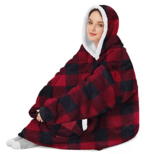 Durio Wearable Blanket Hoodie for Adults Sherpa Hooded Blanket Oversized Hoodie Blanket Sweatshirt Blanket with Pockets Red&Black One Size