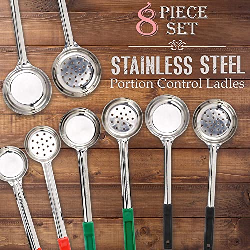 Portion Control Serving Spoons, Set of 8 For, Weight Loss Bariatric Diet, Gastric Sleeve, Bariatric Surgery Must Haves, Serving Utensils, 4 Solid and 4 Perforated 2 oz, 4 oz, 6 oz and 8 oz