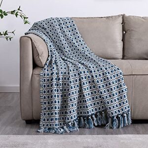 acrylic knitted throw blanket, woven blanket with tassels wave textured lightweight and soft cozy decorative blanket throws for travel, couch, bed, sofa, 51"x63", blue