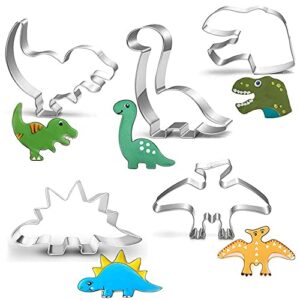 New Dinosaur Cookie Cutter Set-7 Piece-Dinosaur Footprint and Head, Tyrannosaurus(T-Rex), Brontosaurs, Spinosaurus, Triceratops, Pterodactyl, Dinosaurs Baking Mold for Kids Dinosaur Birthday Party