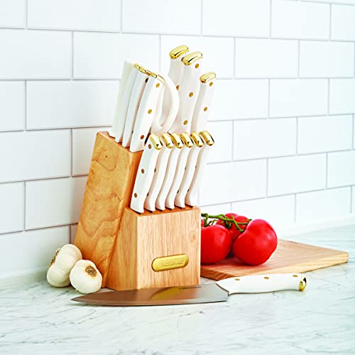 Farberware 15-Piece Triple Riveted Knife Block Set, High Carbon-Stainless Steel Kitchen Knives, Razor-Sharp Knife Set with Wood Block, White and Gold