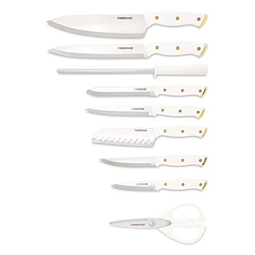 Farberware 15-Piece Triple Riveted Knife Block Set, High Carbon-Stainless Steel Kitchen Knives, Razor-Sharp Knife Set with Wood Block, White and Gold