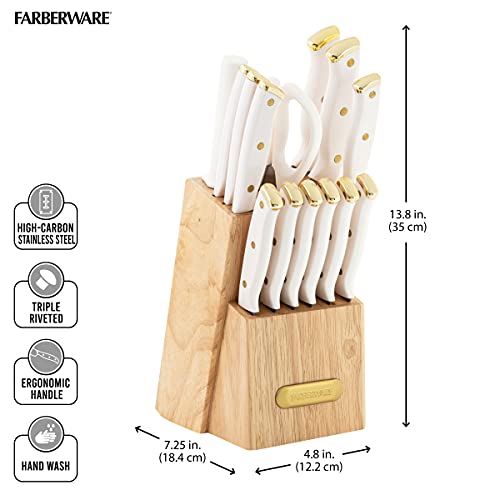 Farberware 15-Piece Triple Riveted Knife Block Set, High Carbon-Stainless Steel Kitchen Knives, Razor-Sharp Knife Set with Wood Block, White and Gold