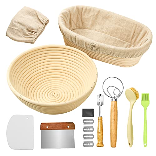 Tawuheik Bread Banneton Proofing Basket Set of 2, 9 Inch Round & 10 Inch Oval Cane Sourdough Baskets Proofing Set, Artisan Bread Kit, Bakers Gifts, Professional & Home Sourdough Bread Baking