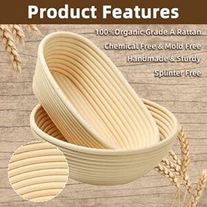 Tawuheik Bread Banneton Proofing Basket Set of 2, 9 Inch Round & 10 Inch Oval Cane Sourdough Baskets Proofing Set, Artisan Bread Kit, Bakers Gifts, Professional & Home Sourdough Bread Baking