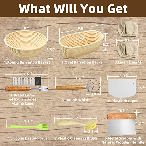 Tawuheik Bread Banneton Proofing Basket Set of 2, 9 Inch Round & 10 Inch Oval Cane Sourdough Baskets Proofing Set, Artisan Bread Kit, Bakers Gifts, Professional & Home Sourdough Bread Baking