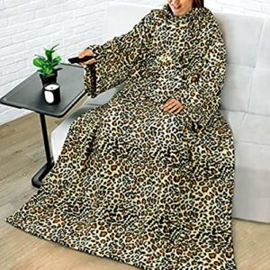 warmie- cozy blanket with sleeves super soft fleece warm cozy hands free reading surfing internet watching tv (leopard 70" x 50")