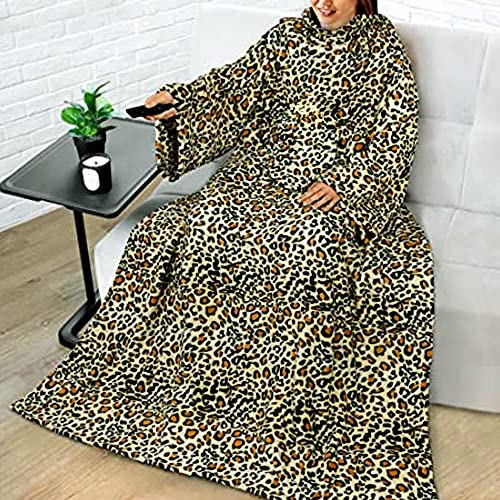 Warmie- Cozy Blanket with Sleeves Super Soft Fleece Warm Cozy Hands Free Reading Surfing Internet Watching Tv (Leopard 70" X 50")