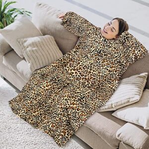 Warmie- Cozy Blanket with Sleeves Super Soft Fleece Warm Cozy Hands Free Reading Surfing Internet Watching Tv (Leopard 70" X 50")