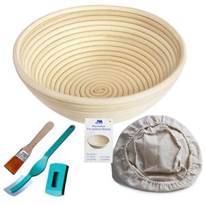 m jingmei banneton proofing basket 9" round banneton brotform for bread and dough [free brush] proofing rising rattan bowl(1.5 pounds of dough) + free liner + bread lame
