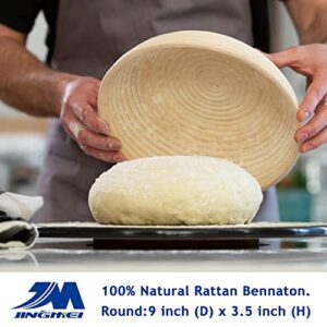 M JINGMEI Banneton Proofing Basket 9" Round Banneton Brotform for Bread and Dough [FREE BRUSH] Proofing Rising Rattan Bowl(1.5 Pounds of Dough) + FREE LINER + BREAD LAME