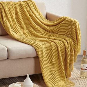 mustard yellow throw blanket for couch bed sofa, soft knitted throw blanket with decorative tessels, bubble lightweight textured blanket 50 x 60 inches