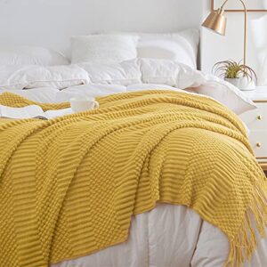 Mustard Yellow Throw Blanket for Couch Bed Sofa, Soft Knitted Throw Blanket with Decorative Tessels, Bubble Lightweight Textured Blanket 50 x 60 Inches