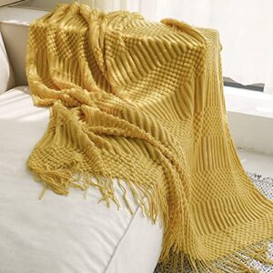 Mustard Yellow Throw Blanket for Couch Bed Sofa, Soft Knitted Throw Blanket with Decorative Tessels, Bubble Lightweight Textured Blanket 50 x 60 Inches