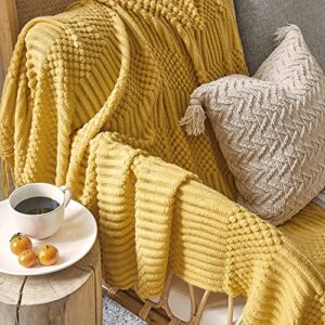 Mustard Yellow Throw Blanket for Couch Bed Sofa, Soft Knitted Throw Blanket with Decorative Tessels, Bubble Lightweight Textured Blanket 50 x 60 Inches