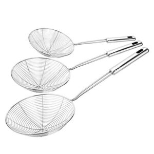 hiware extra large spider strainer skimmer spoon for frying and cooking - set of 3 stainless steel wire pasta strainer with long handle, professional kitchen skimmer ladle - 13.8", 15" & 16.4"