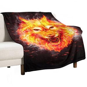 fire flaming wolf throw blanket for couch bed flannel lap blanket lightweight cozy plush blanket for all seasons 40"x60"