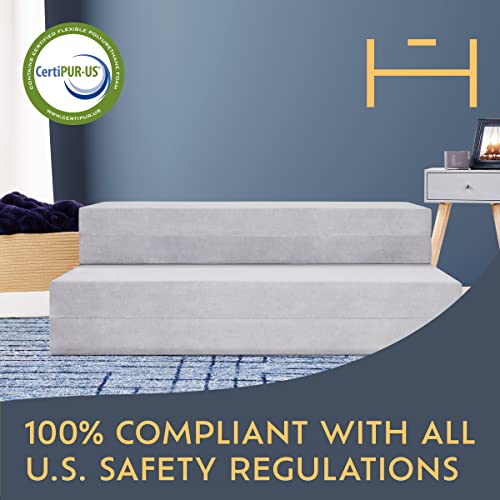 Heyward 4.5” Trifold Sofa + Mattress | Queen Size | Portable CertiPUR-US Certified Firm Foam Mattress Folds Into Couch | Washable Panne Velvet Material w/Non-Slip Base | 78”L x 58”W x 4.5”H