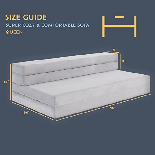 Heyward 4.5” Trifold Sofa + Mattress | Queen Size | Portable CertiPUR-US Certified Firm Foam Mattress Folds Into Couch | Washable Panne Velvet Material w/Non-Slip Base | 78”L x 58”W x 4.5”H