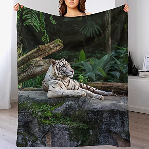 White Tiger Rest in Forest Throw Blanket for Couch Bed Flannel Lap Blanket Lightweight Cozy Plush Blanket for All Seasons 50"x70"