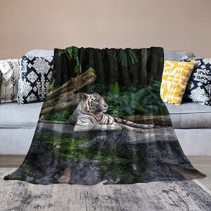 White Tiger Rest in Forest Throw Blanket for Couch Bed Flannel Lap Blanket Lightweight Cozy Plush Blanket for All Seasons 50"x70"