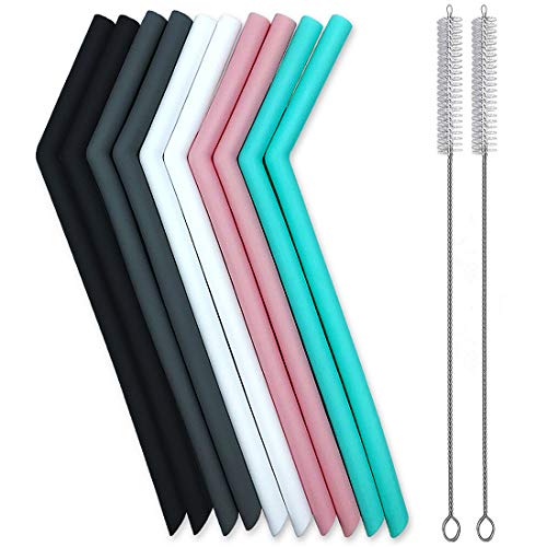 Set of 10 Large Reusable Silicone Straws Pink Thick Smoothie Silicone Drinking Straws Kids with Cleaning Brushes- Extra Long Flexible -For 20oz 30oz and 40oz Yeti Tumblers BPA Free Non Rubber Taste