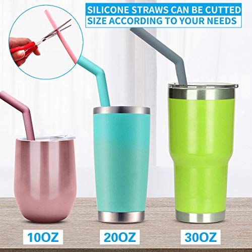 Set of 10 Large Reusable Silicone Straws Pink Thick Smoothie Silicone Drinking Straws Kids with Cleaning Brushes- Extra Long Flexible -For 20oz 30oz and 40oz Yeti Tumblers BPA Free Non Rubber Taste