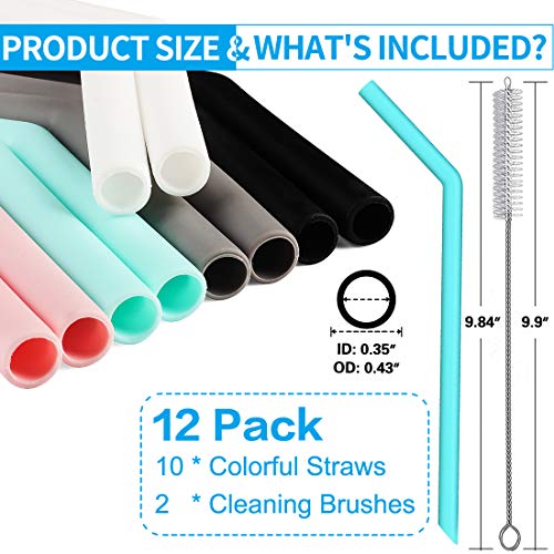 Set of 10 Large Reusable Silicone Straws Pink Thick Smoothie Silicone Drinking Straws Kids with Cleaning Brushes- Extra Long Flexible -For 20oz 30oz and 40oz Yeti Tumblers BPA Free Non Rubber Taste