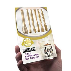 HINMAY Gold Plated Mini Serving Tongs Set 6-Inch Appetizers Tongs Stainless Steel Small Sugar Cube Tongs Ice Tongs, Set of 6