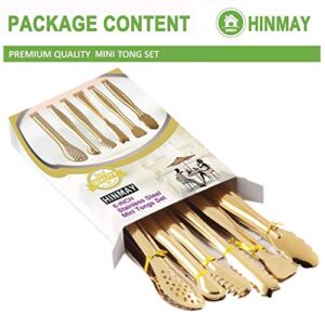 HINMAY Gold Plated Mini Serving Tongs Set 6-Inch Appetizers Tongs Stainless Steel Small Sugar Cube Tongs Ice Tongs, Set of 6