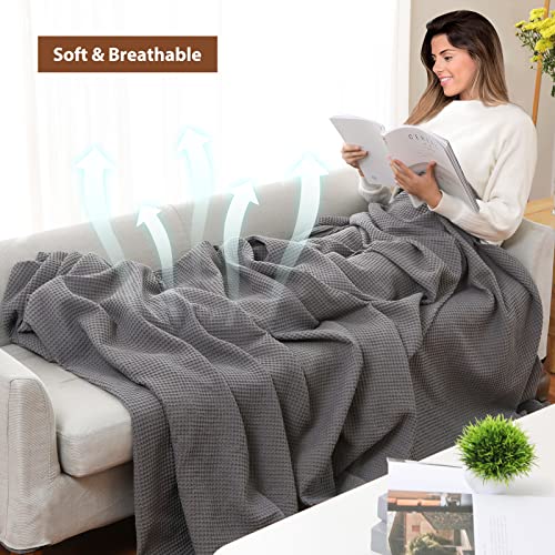 Waffle Blanket King 100% Cotton Bed Blanket Waffle Weave Throw Blanket for All Seasons, Pre-Washed and Anti-Shrinkage Soft Lightweight Blanket for Bed, Sofa(Grey,90x104)