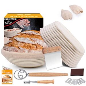 bread banneton proofing basket set, 10 inch round & 9.6 inch oval bread proofing basket natural rattan banneton for sourdough with dough whisk + dough scraper + bread lame + cloth liner