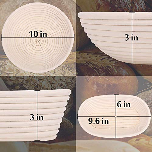 Bread Banneton Proofing Basket Set, 10 Inch Round & 9.6 Inch Oval Bread Proofing Basket Natural Rattan Banneton for Sourdough with Dough Whisk + Dough Scraper + Bread Lame + Cloth Liner