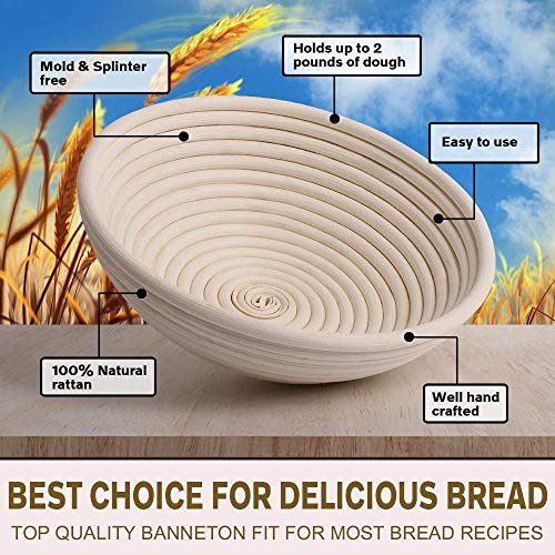 Bread Banneton Proofing Basket Set, 10 Inch Round & 9.6 Inch Oval Bread Proofing Basket Natural Rattan Banneton for Sourdough with Dough Whisk + Dough Scraper + Bread Lame + Cloth Liner