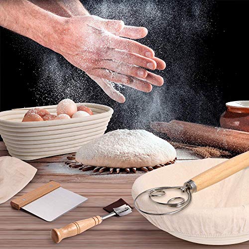 Bread Banneton Proofing Basket Set, 10 Inch Round & 9.6 Inch Oval Bread Proofing Basket Natural Rattan Banneton for Sourdough with Dough Whisk + Dough Scraper + Bread Lame + Cloth Liner