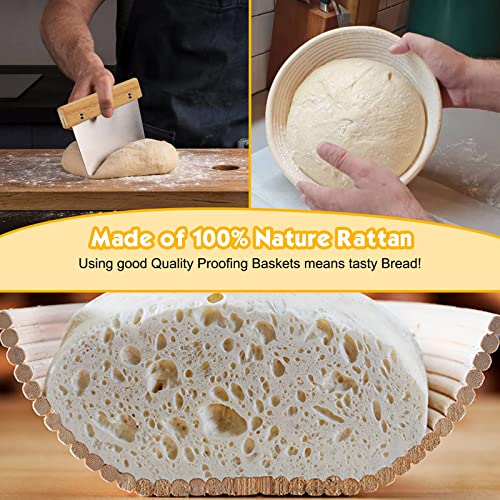 Bread Banneton Proofing Basket Set, 10 Inch Round & 9.6 Inch Oval Bread Proofing Basket Natural Rattan Banneton for Sourdough with Dough Whisk + Dough Scraper + Bread Lame + Cloth Liner