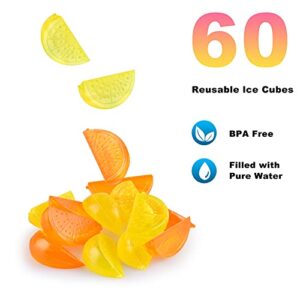 SHENGQIPC Reusable Freezable Plastic Ice Cubes, 60 Pack Cute Fruit Shaped Dry Ice Cubes for Restaurants, Bars and Family Use (Orange, Lemon)